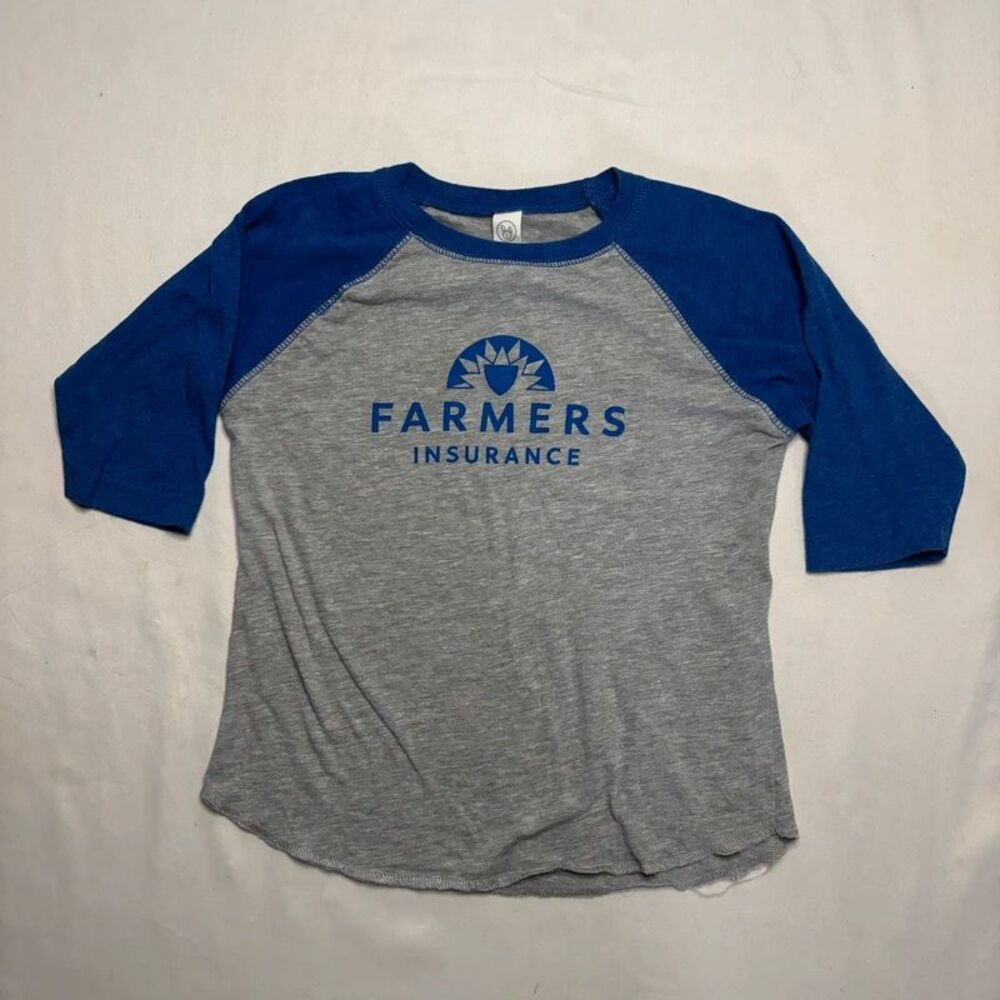 Rabbit Skins Kids Gray Blue Farmers Insurance Raglan Baseball Tee Size 3